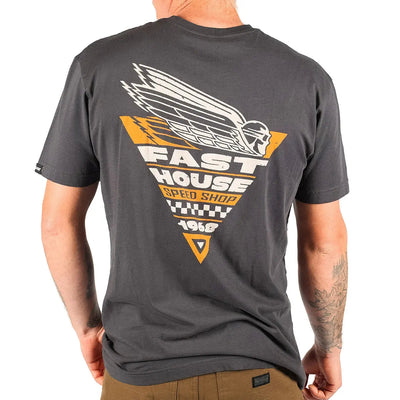 Person wearing Flyer White Tee, Man wearing charcoal tee standing against plain white background - Slowride Supply