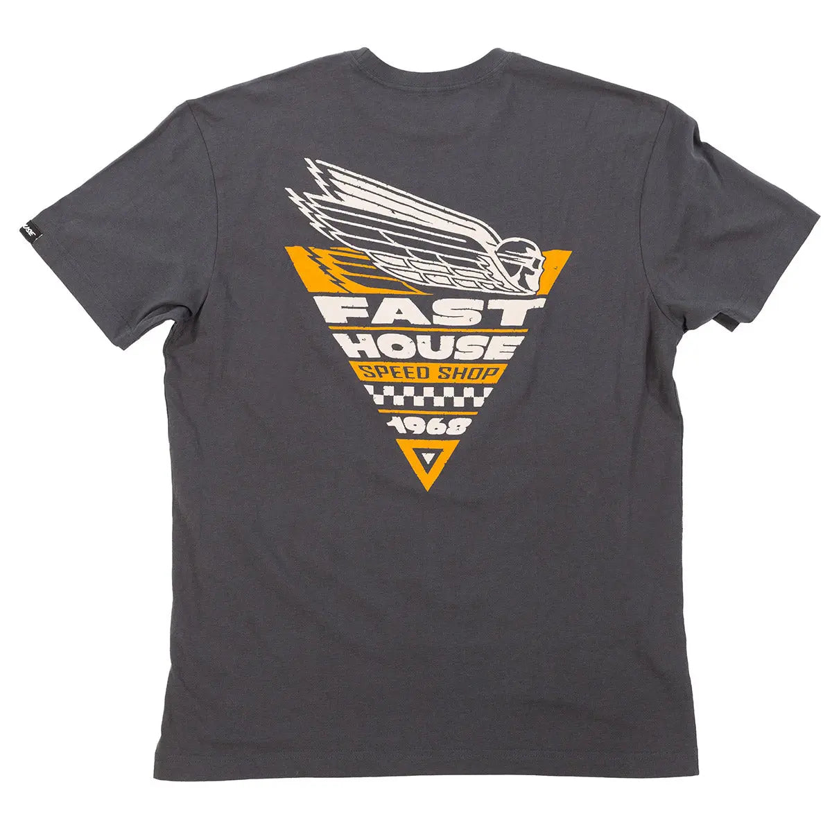 Flyer front view, Charcoal with white winged graphic, gold and yellow geometric shield, checkered band, and 1968 date stamp,