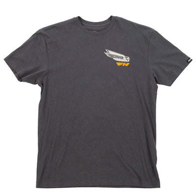 Close-up of Flyer White Tee showing Charcoal gray with white line-art winged graphic and gold text on chest - Slowride Supply