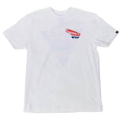Close-up of Flyer White Tee showing White tee with red and blue winged car graphic and text on chest - Slowride Supply