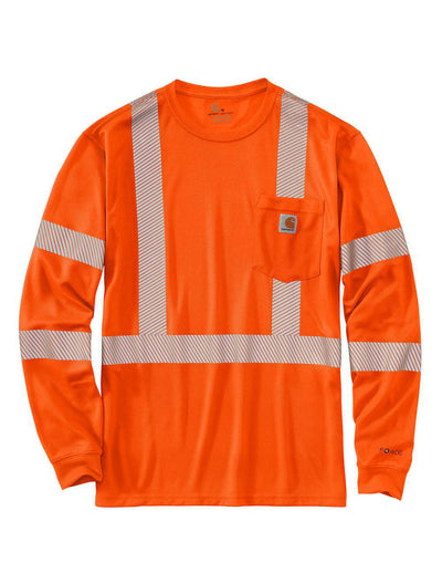 Force High Visibility L/s Tee Brite front view, Bright orange with reflective silver striping across chest, shoulders, and