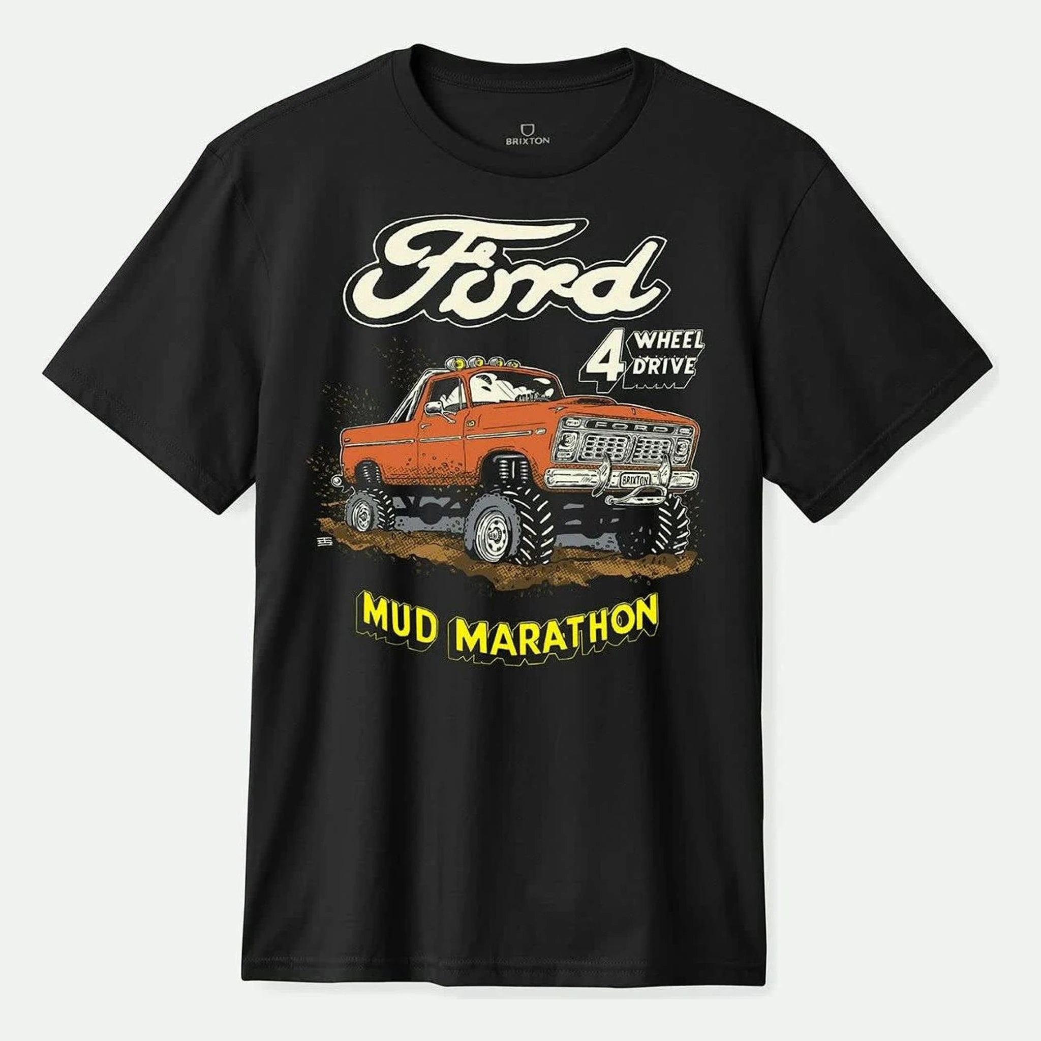 Ford Mud Marathon SS Tee Burnt Rubber front view, Black with cream Ford script, orange lifted truck, and yellow Mud Marathon