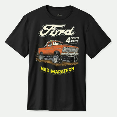 Ford Mud Marathon SS Tee Burnt Rubber front view, Black with cream Ford script, orange lifted truck, and yellow Mud Marathon