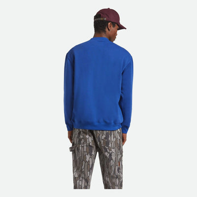 Person wearing Ford Number One Fleece Crew Ford Blue Crewneck, Person wearing blue crew sweatshirt against neutral studio