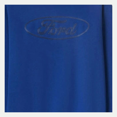 Close-up of Ford Number One Fleece Crew Ford Blue Crewneck showing Tonal embroidered oval logo with script text on chest