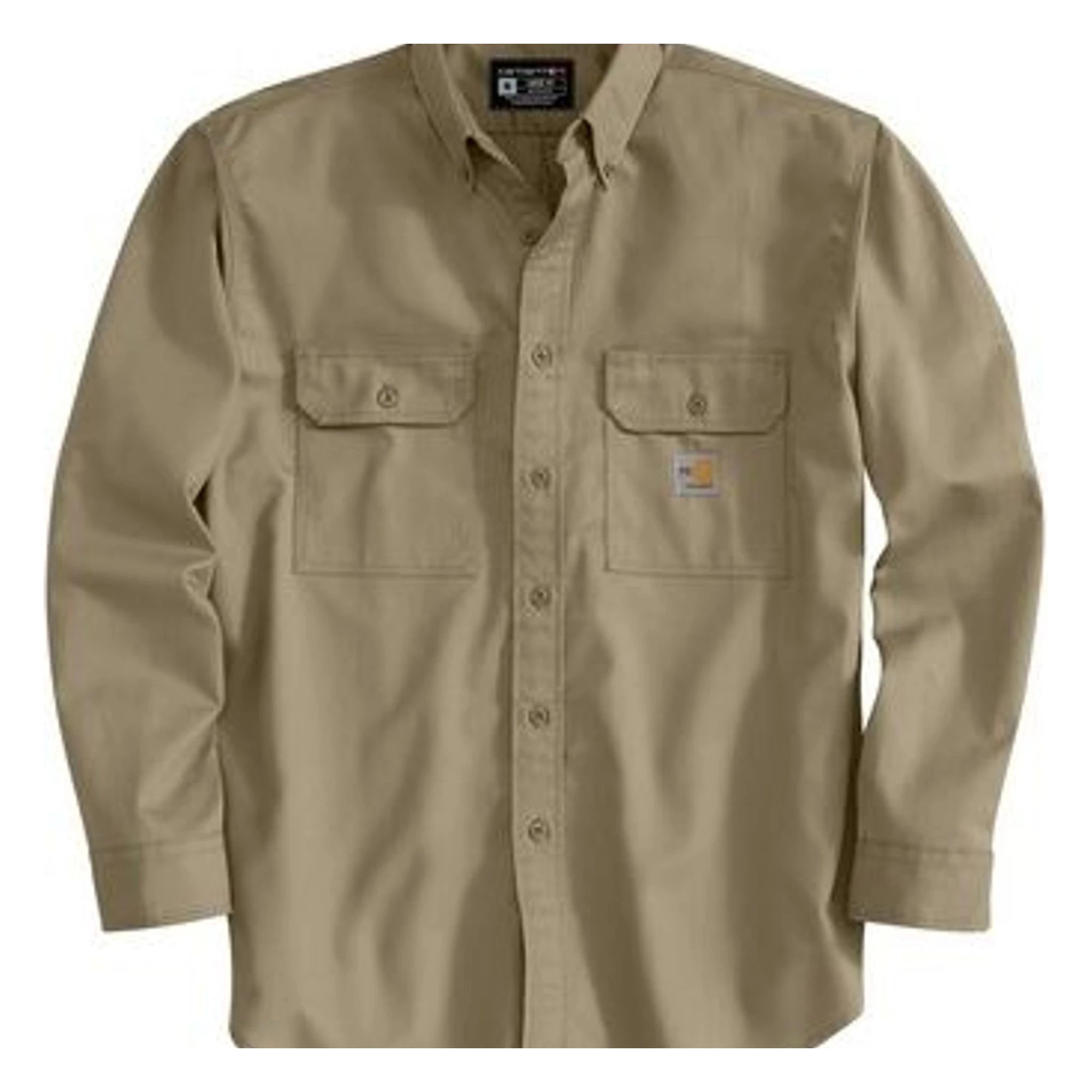 Frs160 Twill LS Button Up Shirt L/S Woven front view, Khaki twill with button front, dual chest pockets, and small woven