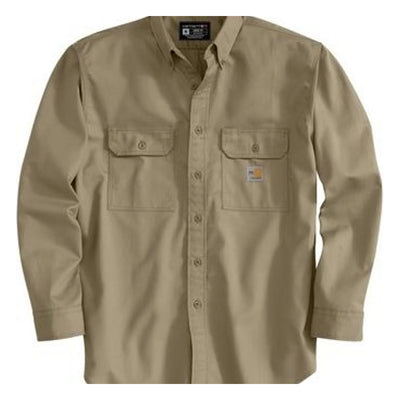 Frs160 Twill LS Button Up Shirt L/S Woven front view, Khaki twill with button front, dual chest pockets, and small woven