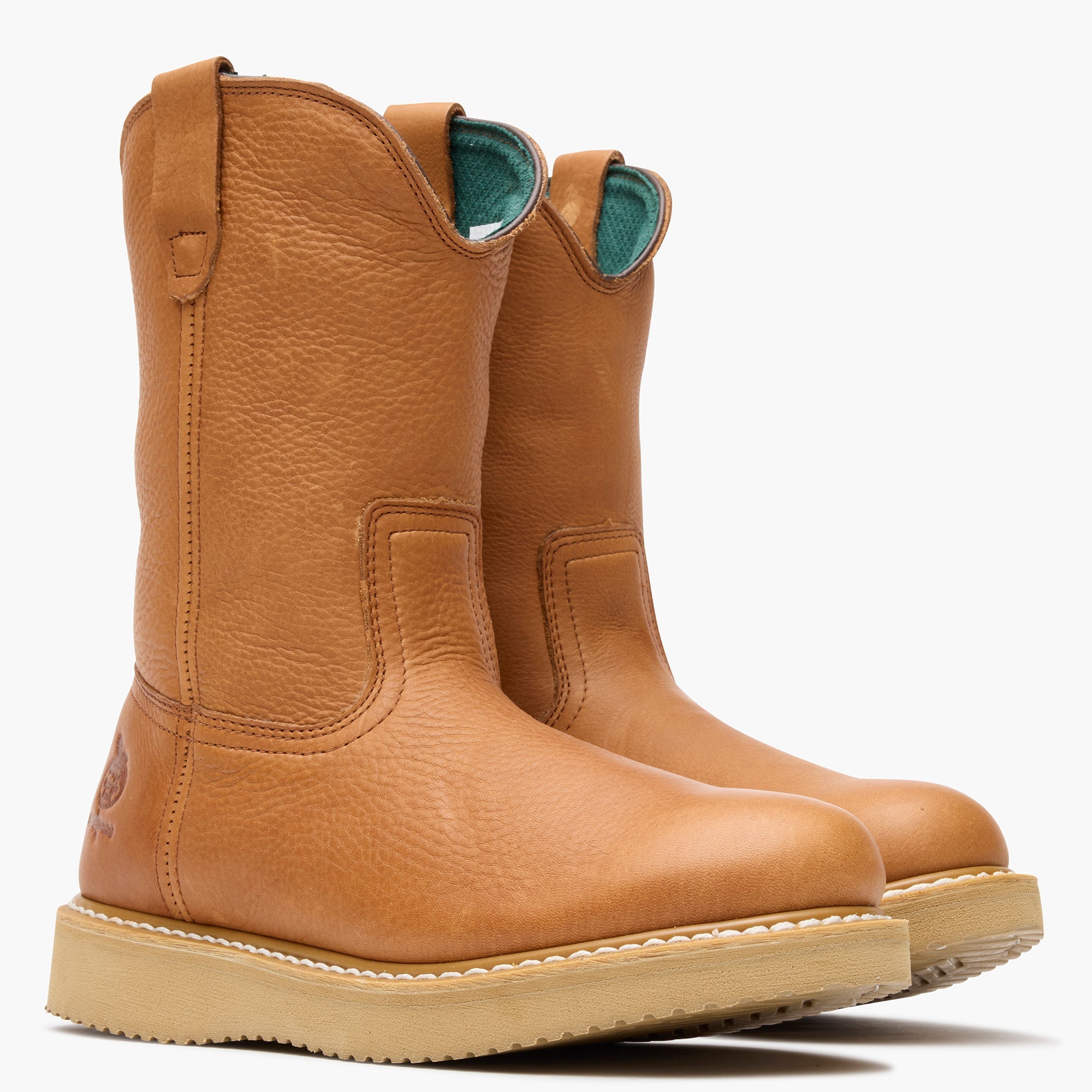 Close-up of G5353 10" ST Wellington Barracuda Boots Gold Boots showing Tan leather pull-on boots with teal fabric lining,