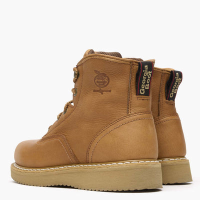 Close-up of G6152 6" Wedge Barracuda Boots Gold Boots showing Tan leather lace-up boot with embossed logo on heel collar,