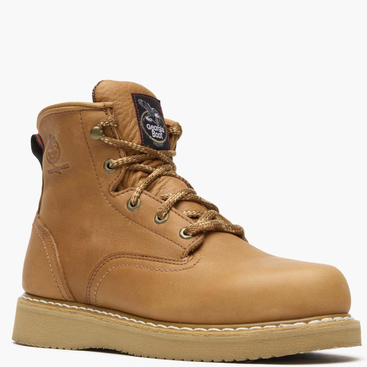 Close-up of G6152 6" Wedge Barracuda Boots Gold Boots showing Tan leather upper with cream rope lacing and brass eyelets,