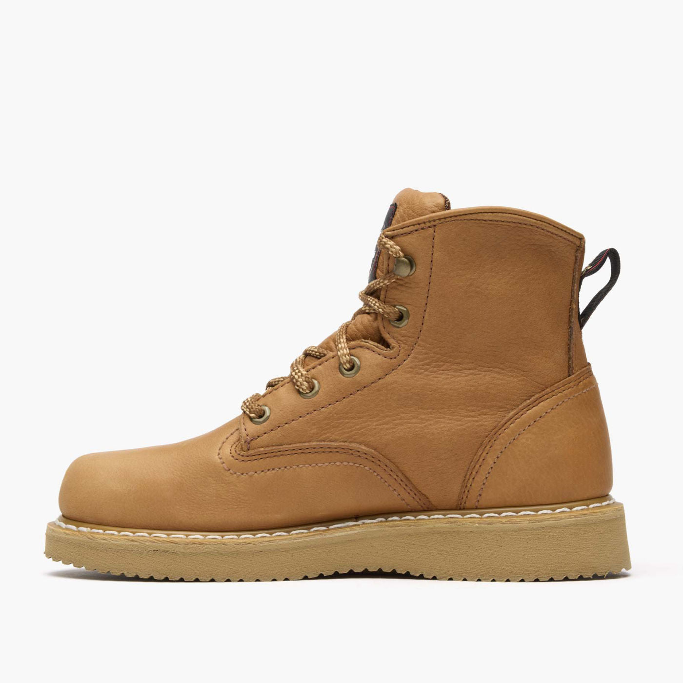 Close-up of G6152 6" Wedge Barracuda Boots Gold Boots showing Tan leather lace-up boot with cream-colored crepe wedge sole