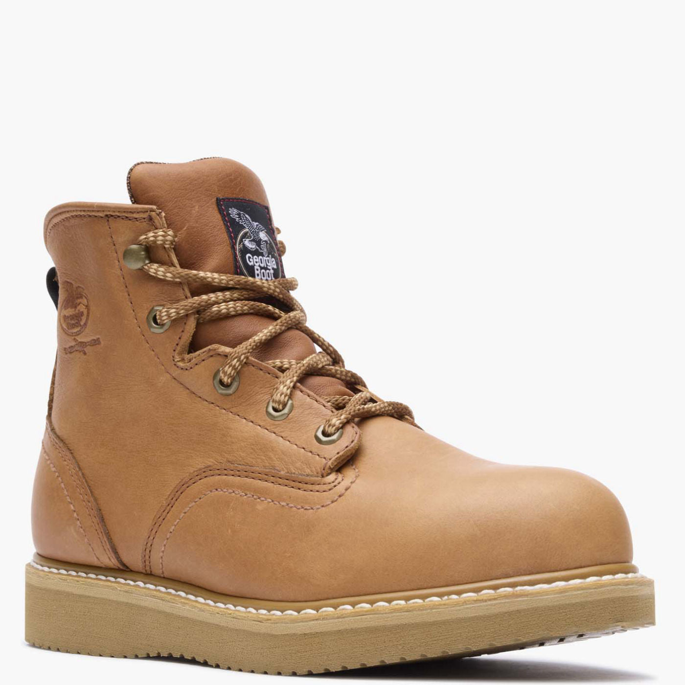 Back of G6342 6" ST Wedge Barracuda Boots Gold Boots, Dark navy tongue label with white text and logo visible at heel collar