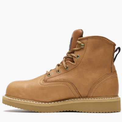 Close-up of G6342 6" ST Wedge Barracuda Boots Gold Boots showing Tan leather lace-up boot with cream wedge sole and brass