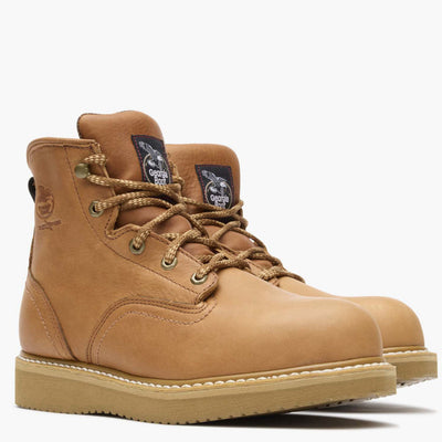 Close-up of G6342 6" ST Wedge Barracuda Boots Gold Boots showing Tan leather upper with tan rope laces, brass eyelets, and