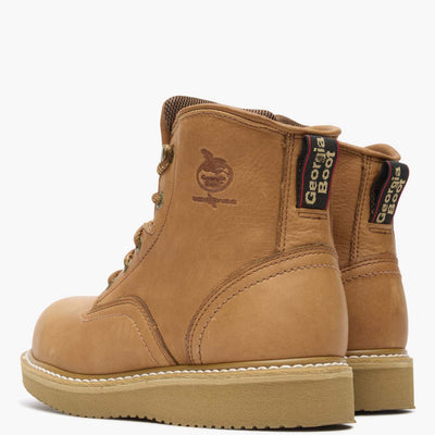 Close-up of G6342 6" ST Wedge Barracuda Boots Gold Boots showing Tan leather work boot with embossed speedway graphic on