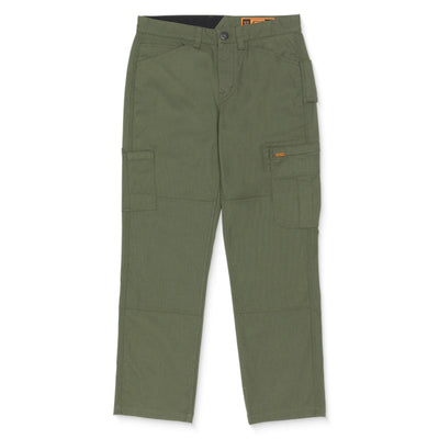 Gage Work Pant Squadron Pants front view, Sage green cotton cargo pants with multiple patch pockets and orange accent