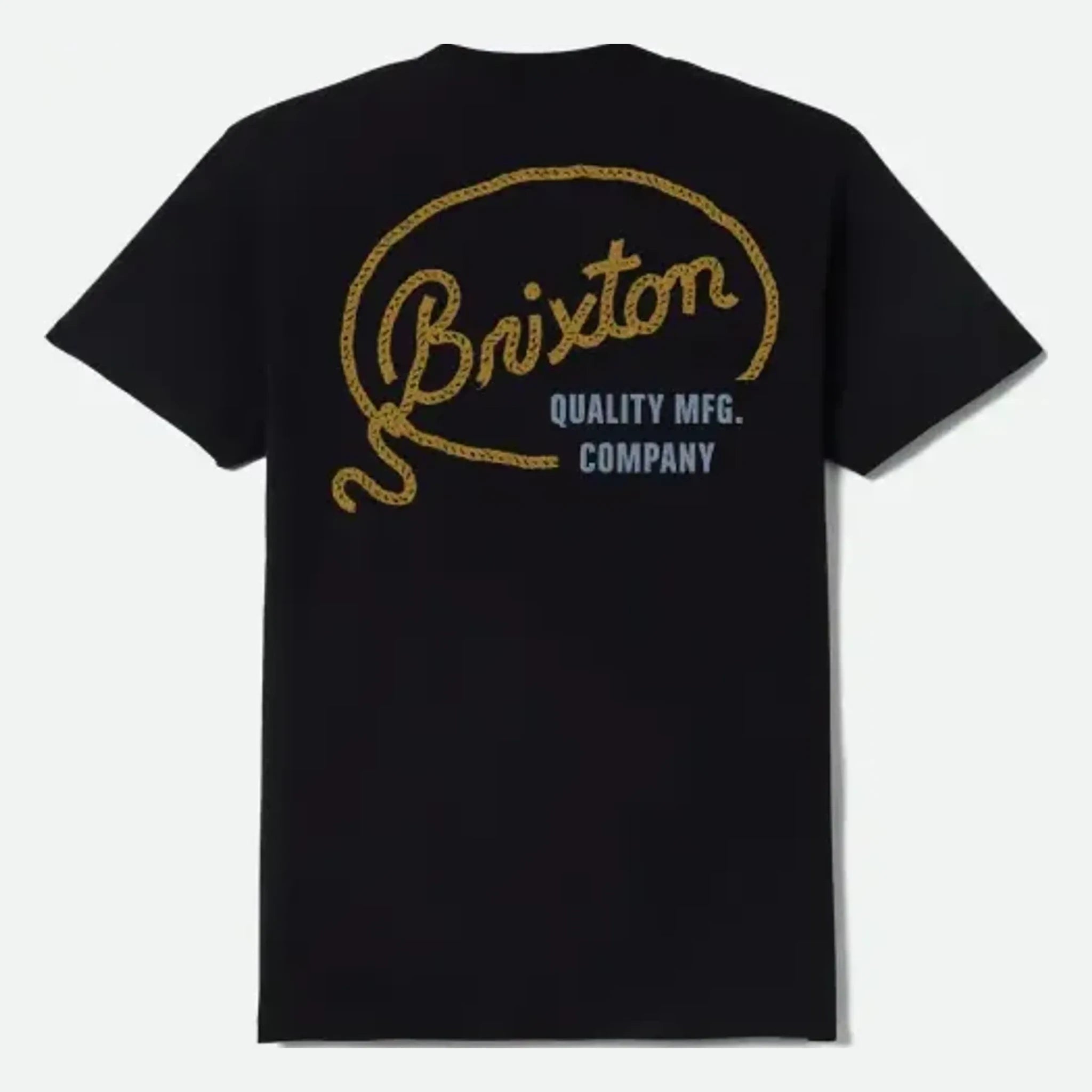 Gallatin front view, Black with gold script text and rope-circle graphic, blue and gray company text below, Black Tee -