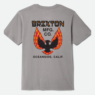Garvey Tee Heather Grey front view, Heather grey with gold and black textured type, flaming eagle graphic in black and