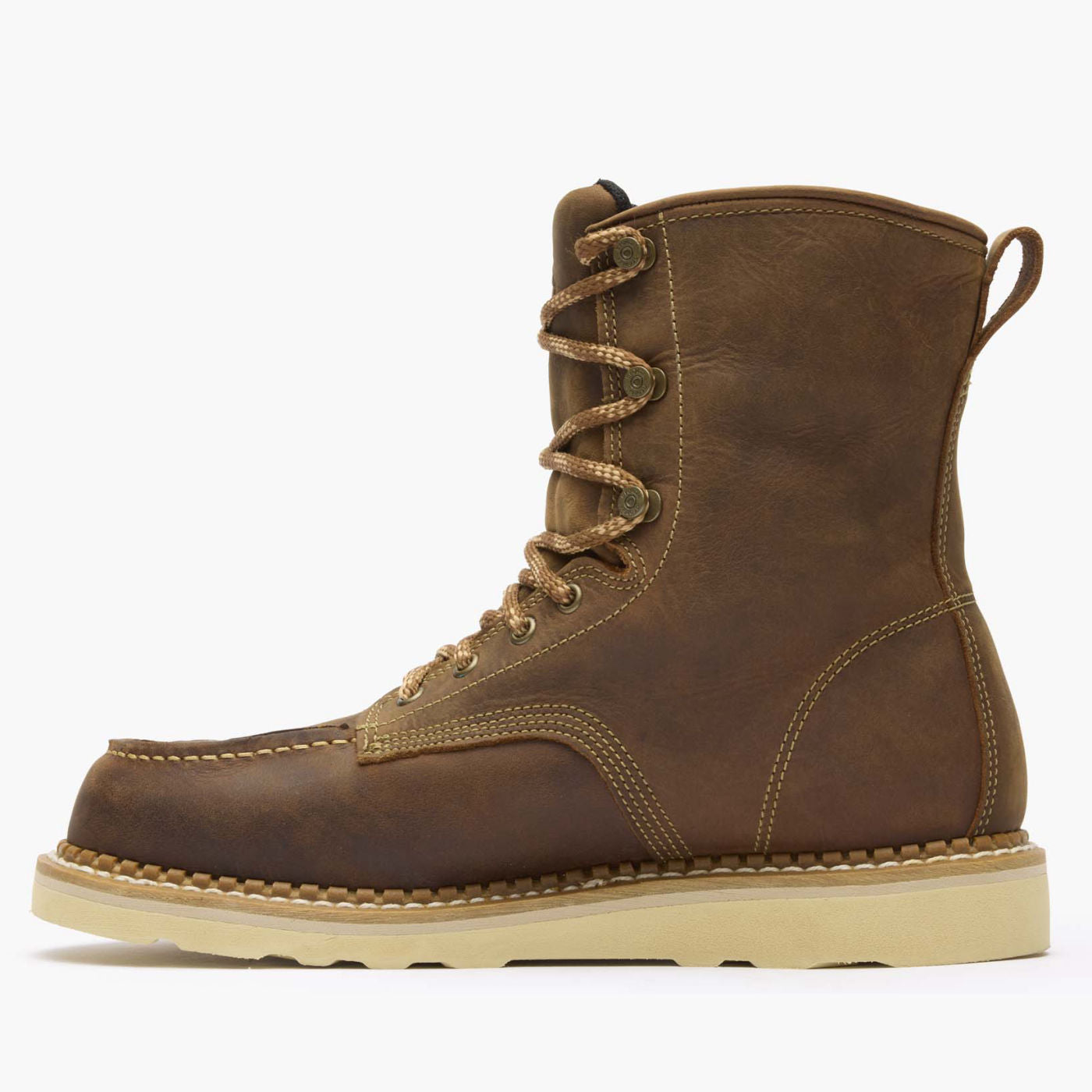 Close-up of Gb00532 8" USA Wedge Waterproof Work Boot Boots Boots showing Brown leather lace-up boot with cream wedge sole