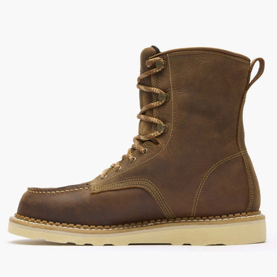 Close-up of Gb00532 8" USA Wedge Waterproof Work Boot Boots Boots showing Brown leather lace-up boot with cream wedge sole