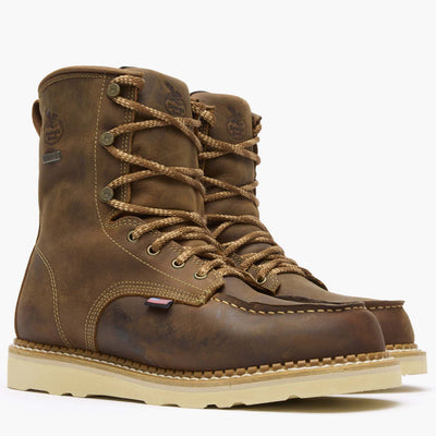 Close-up of Gb00532 8" USA Wedge Waterproof Work Boot Boots Boots showing Brown leather work boot with cream wedge sole, tan