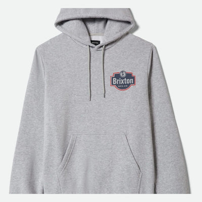 Genuine Quality front view, Gunmetal gray with red and charcoal badge-style logo graphic centered on chest, Gunmetal Hoodie