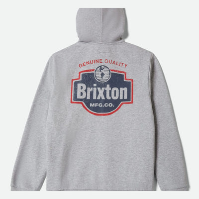 Close-up of Genuine Quality Gunmetal Hoodie showing Back shows distressed navy and red badge with "Genuine Quality" text