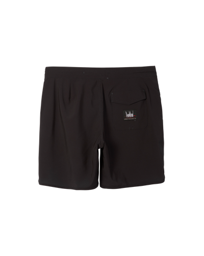 Back of Ghost Rider Boardshort Boardshorts Black Boardshorts, Black with small embroidered logo and text on right rear
