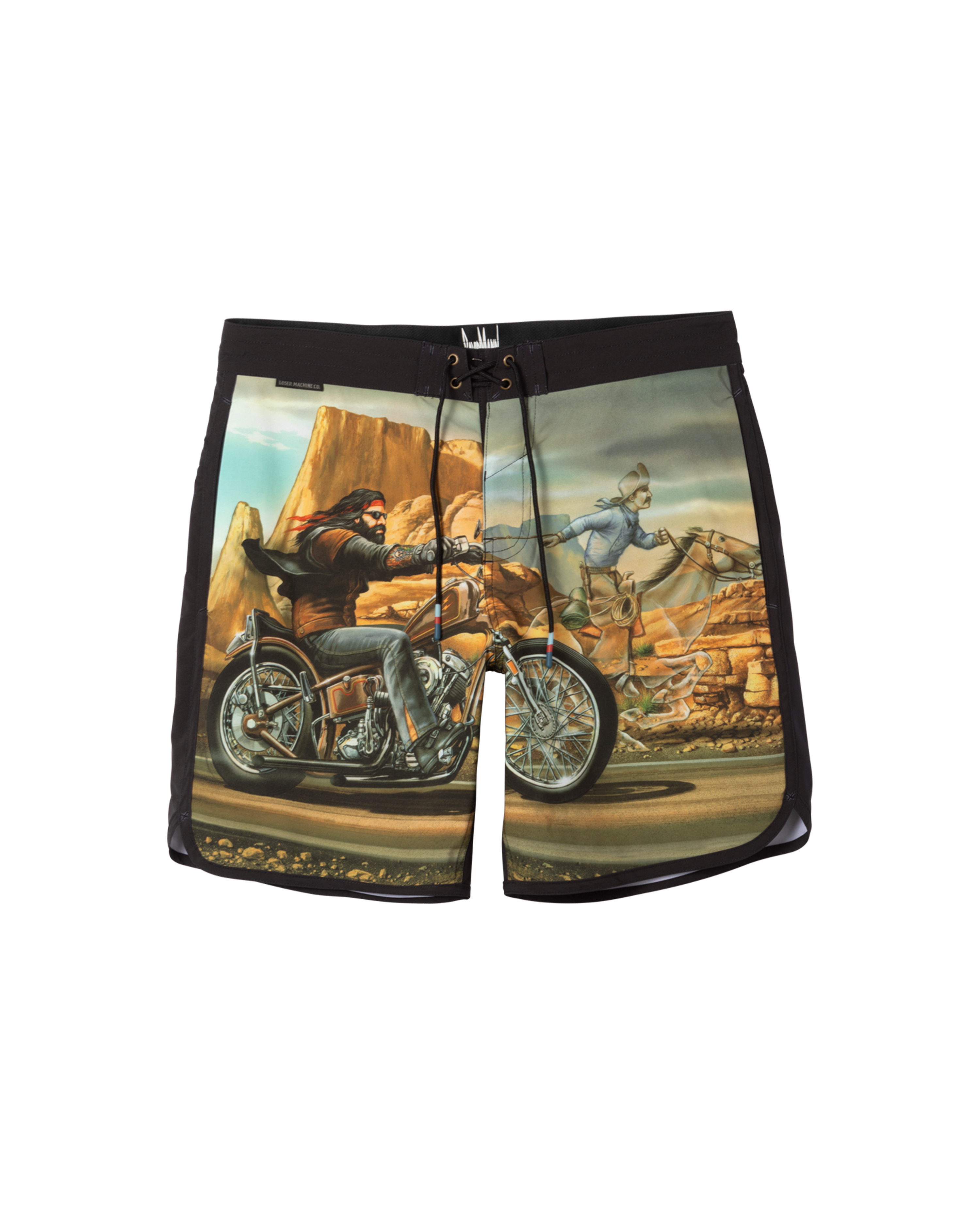 Ghost Rider Boardshort Boardshorts front view, Black with desert motorcycle illustration featuring rider on chopper and
