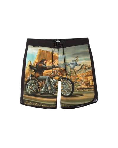 Ghost Rider Boardshort Boardshorts front view, Black with desert motorcycle illustration featuring rider on chopper and