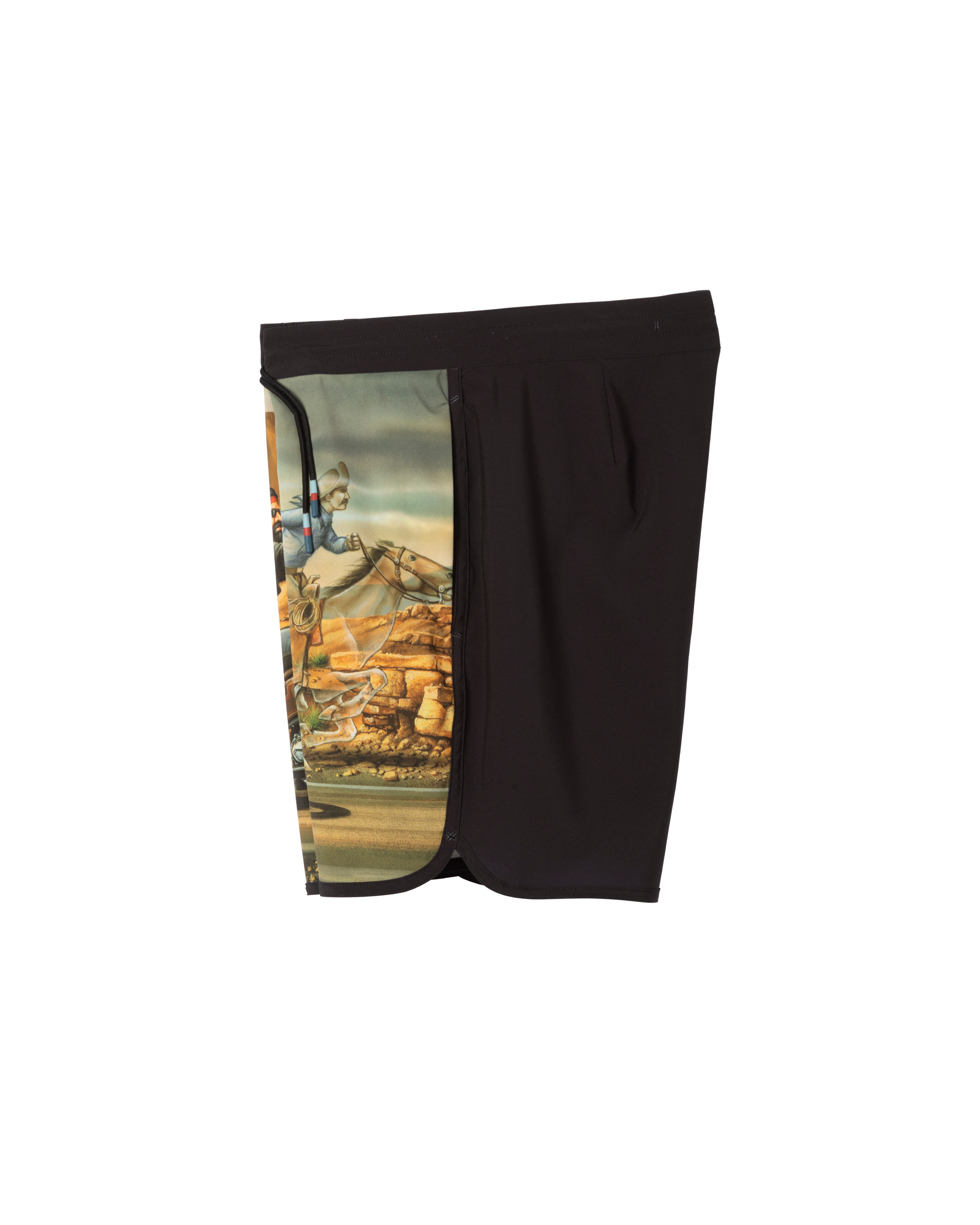 Close-up of Ghost Rider Boardshort Boardshorts Black Boardshorts showing Black boardshorts with vintage racing driver