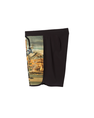 Close-up of Ghost Rider Boardshort Boardshorts Black Boardshorts showing Black boardshorts with vintage racing driver