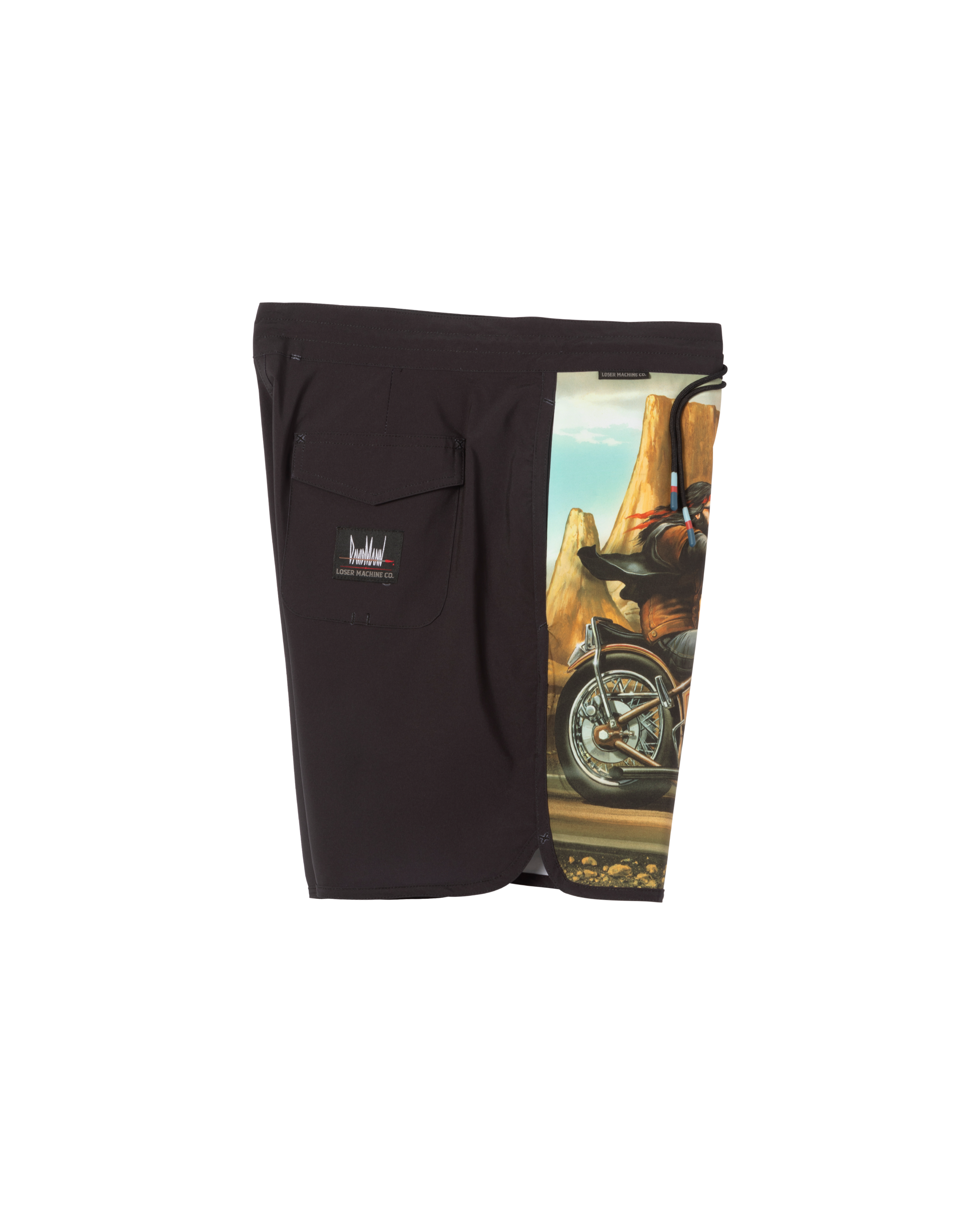 Close-up of Ghost Rider Boardshort Boardshorts Black Boardshorts showing Black boardshorts with motorcycle and desert