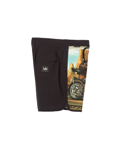 Close-up of Ghost Rider Boardshort Boardshorts Black Boardshorts showing Black boardshorts with motorcycle and desert
