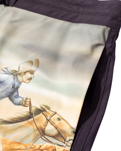 Close-up of Ghost Rider Boardshort Boardshorts Black Boardshorts showing Cowboy and horse illustration detail with