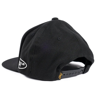 Back of Gilmore Black Hat, Black cap with white oval logo patch on back and gold text on snapback strap - Slowride Supply