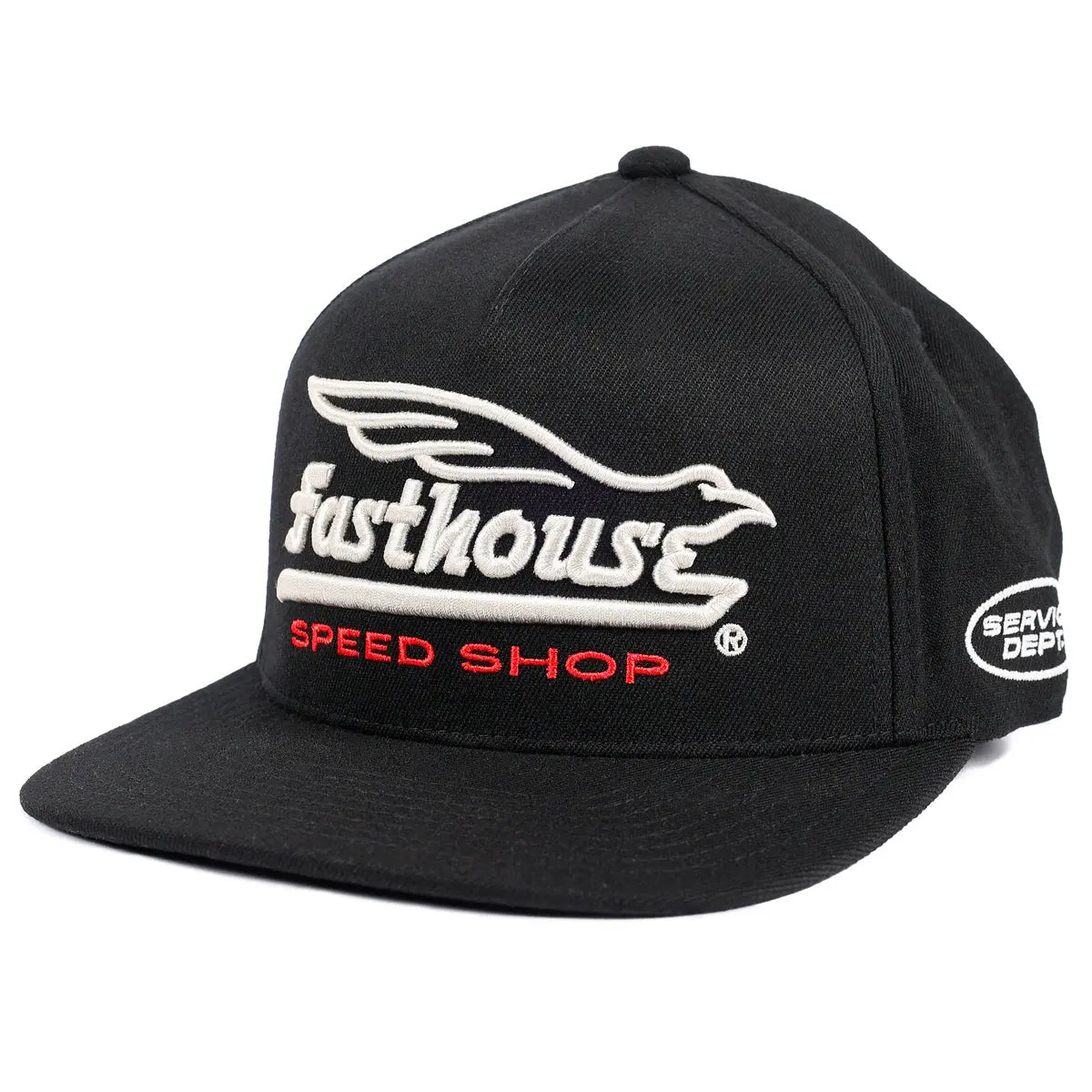 Gilmore front view, Black with white embroidered winged logo and red speed shop text, Black Hat - Slowride Supply