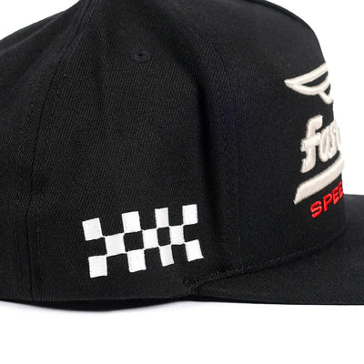 Close-up of Gilmore Black Hat showing White checkered flag embroidery on black cap front panel - Slowride Supply