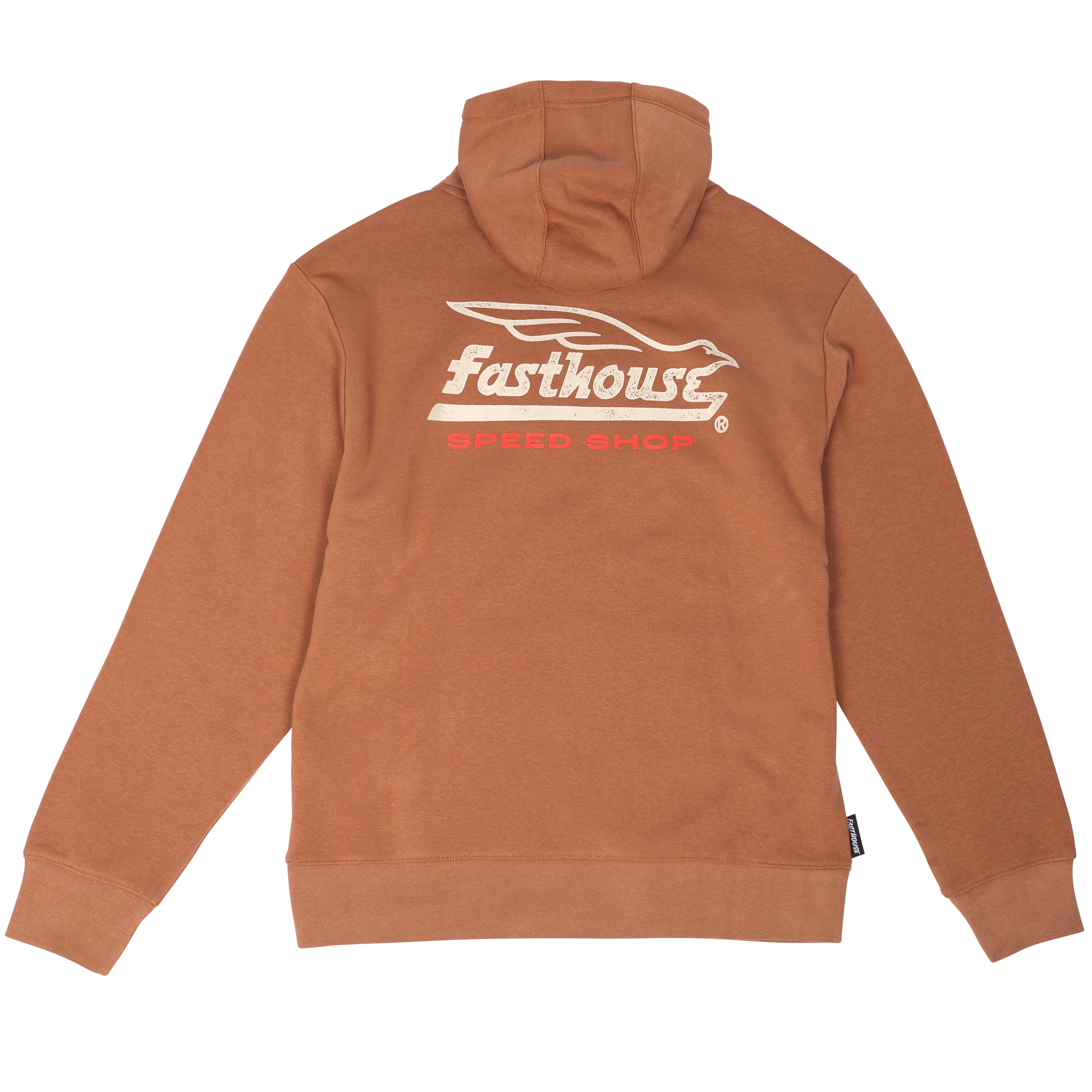 Back of Gilmore Hooded Pullover Apparel Chestnut Apparel, Chestnut back with cream and red Fasthouse Speed Shop graphic and