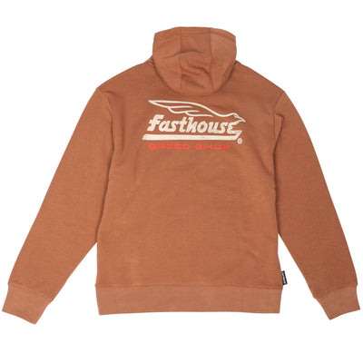 Back of Gilmore Hooded Pullover Apparel Chestnut Apparel, Chestnut back with cream and red Fasthouse Speed Shop graphic and