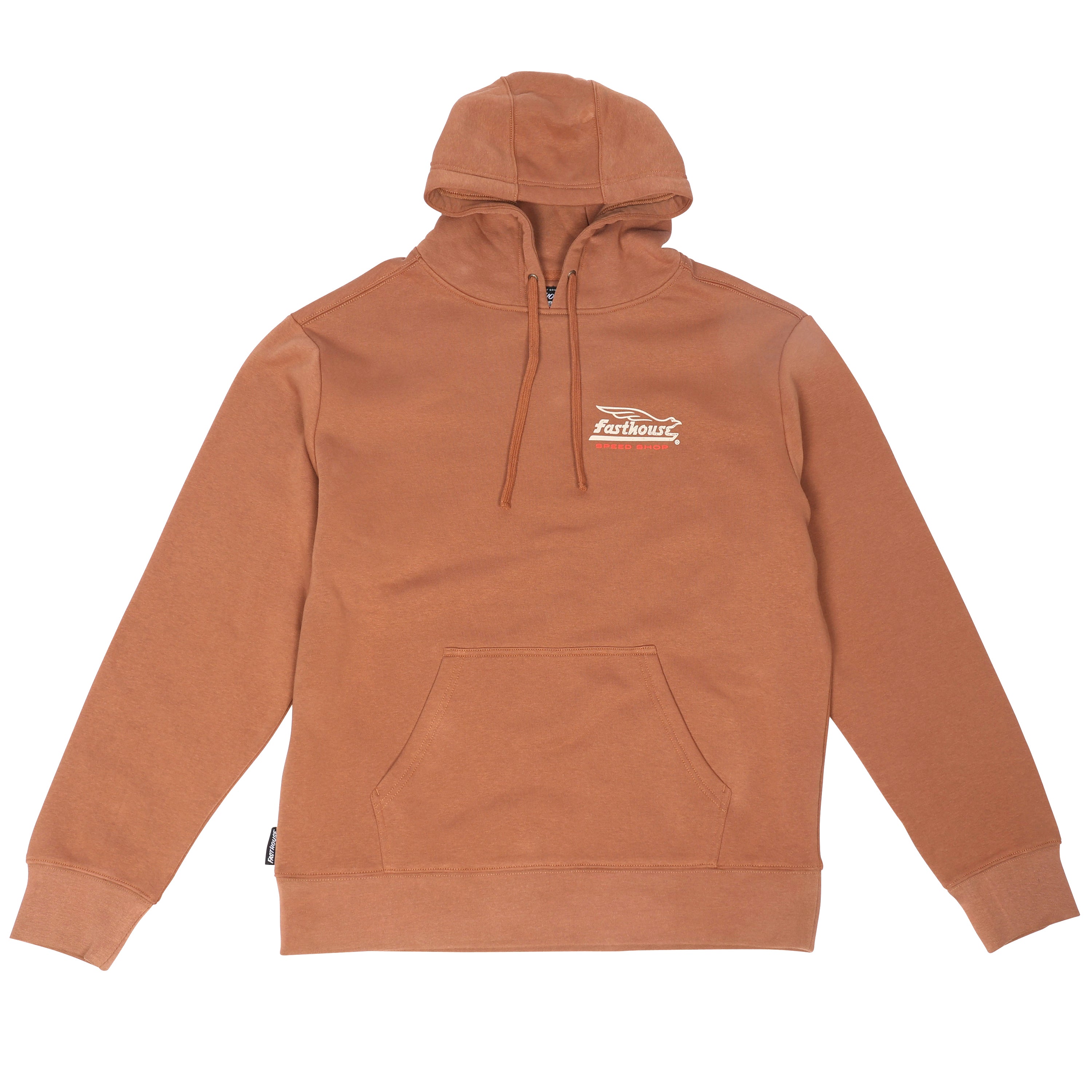 Gilmore Hooded Pullover Apparel front view, Chestnut with white winged script graphic on chest, Chestnut Apparel - Slowride