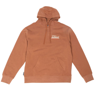 Gilmore Hooded Pullover Apparel front view, Chestnut with white winged script graphic on chest, Chestnut Apparel - Slowride