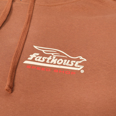 Close-up of Gilmore Hooded Pullover Apparel Chestnut Apparel showing White and red embroidered speedway graphic on chestnut
