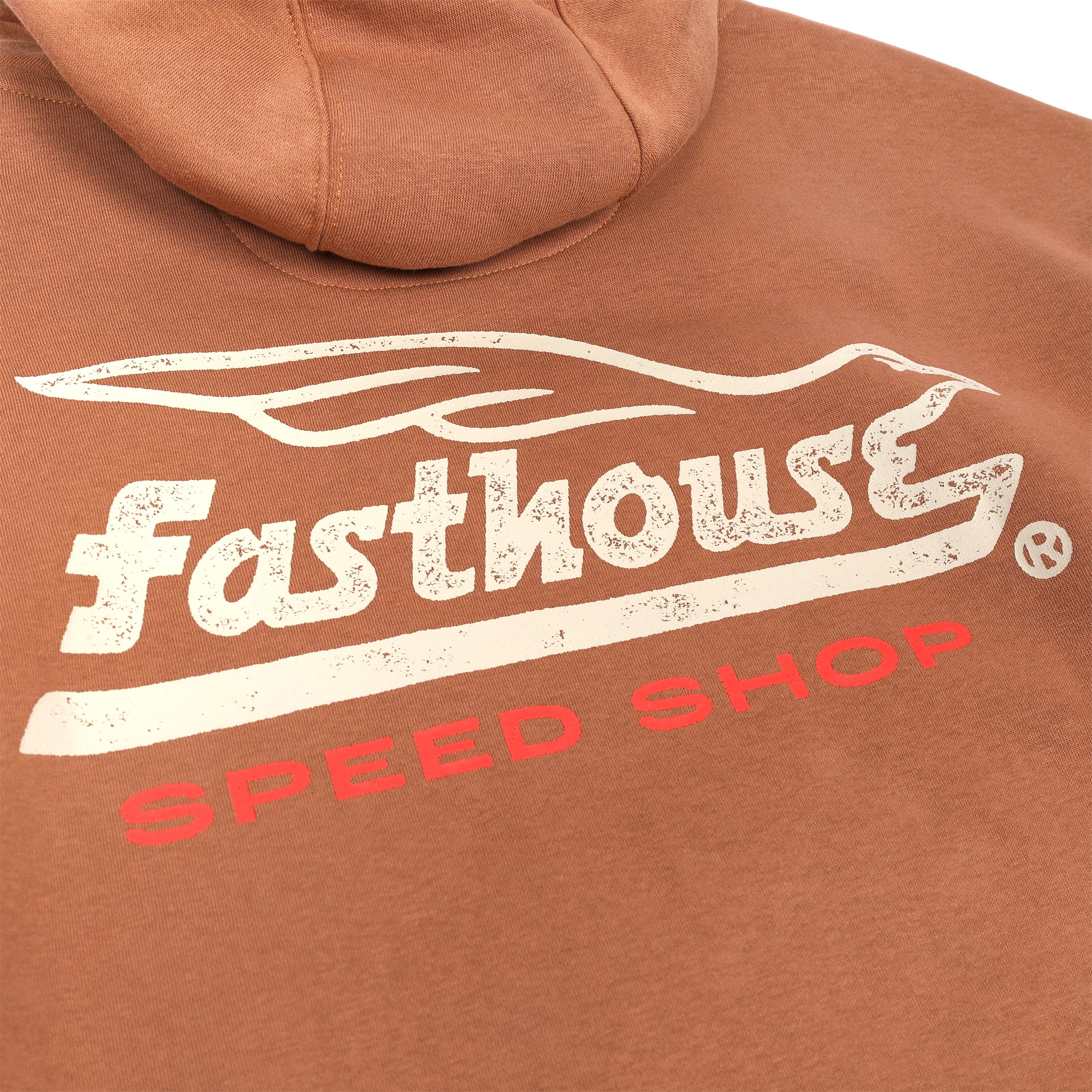 Close-up of Gilmore Hooded Pullover Apparel Chestnut Apparel showing Distressed cream print with stylized bird graphic and