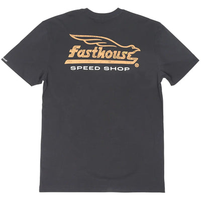 Gilmore front view, Black with gold distressed eagle graphic and "Speed Shop" text below, Black Tee - Slowride Supply