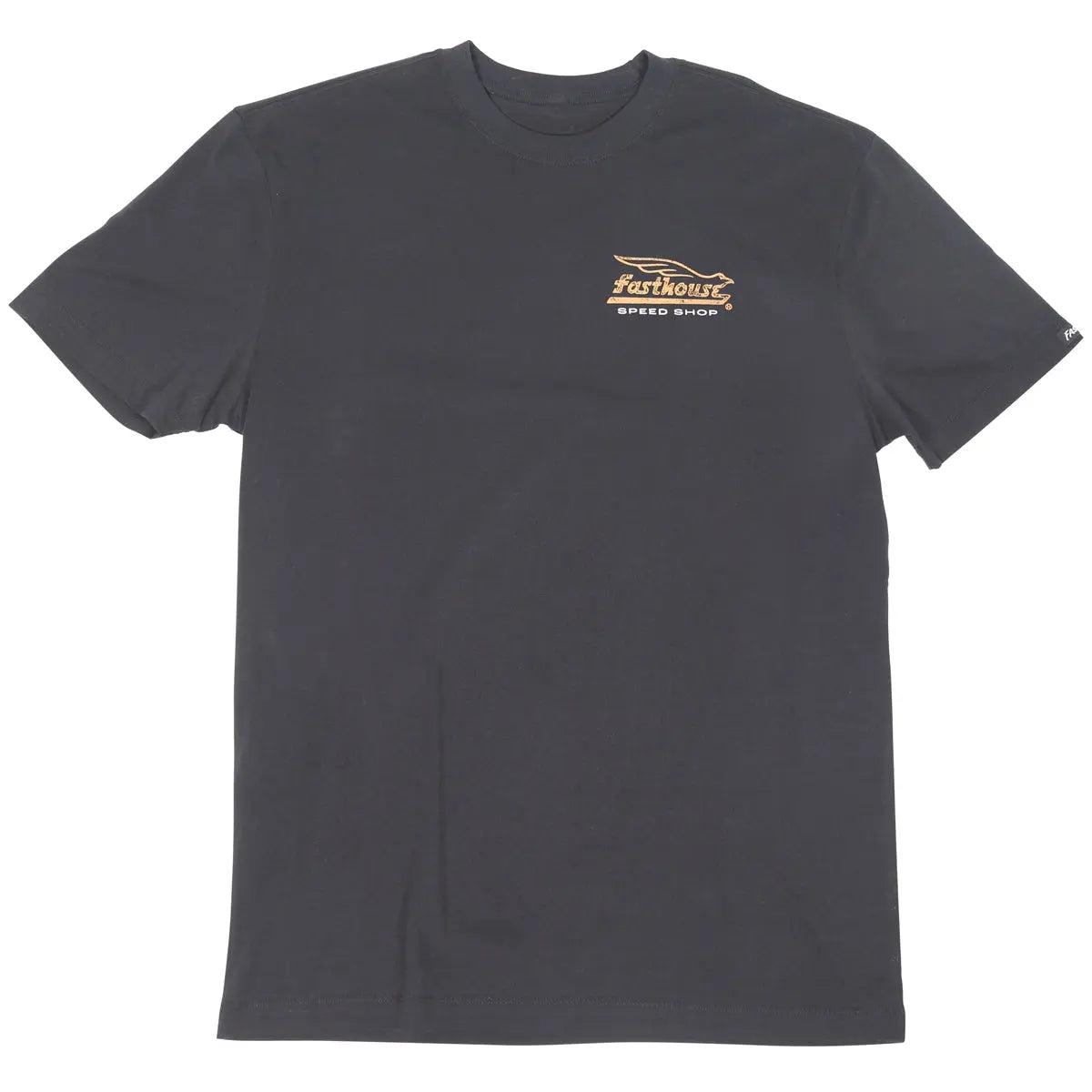 Close-up of Gilmore Black Tee showing Charcoal gray tee with small gold speed shop graphic on chest, minimal front design -