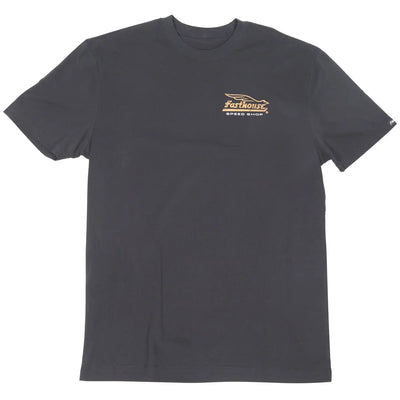 Close-up of Gilmore Black Tee showing Charcoal gray tee with small gold speed shop graphic on chest, minimal front design -