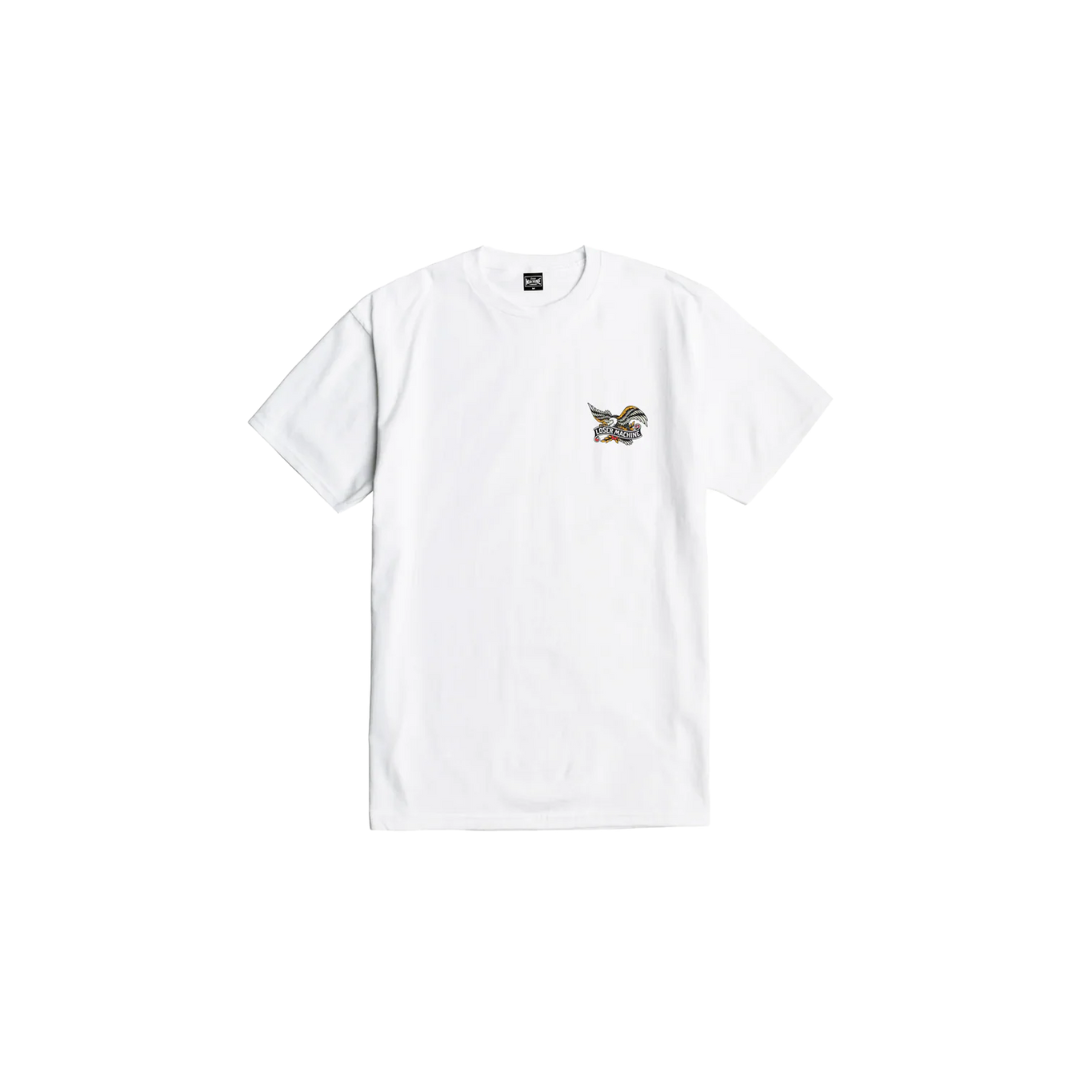Close-up of Glory Bound White Tee showing White tee with small embroidered eagle graphic on chest - Slowride Supply