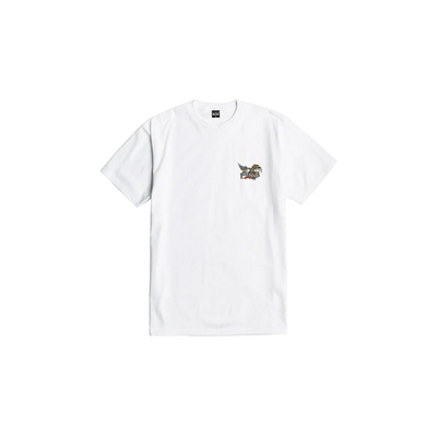 Close-up of Glory Bound White Tee showing White tee with small embroidered eagle graphic on chest - Slowride Supply