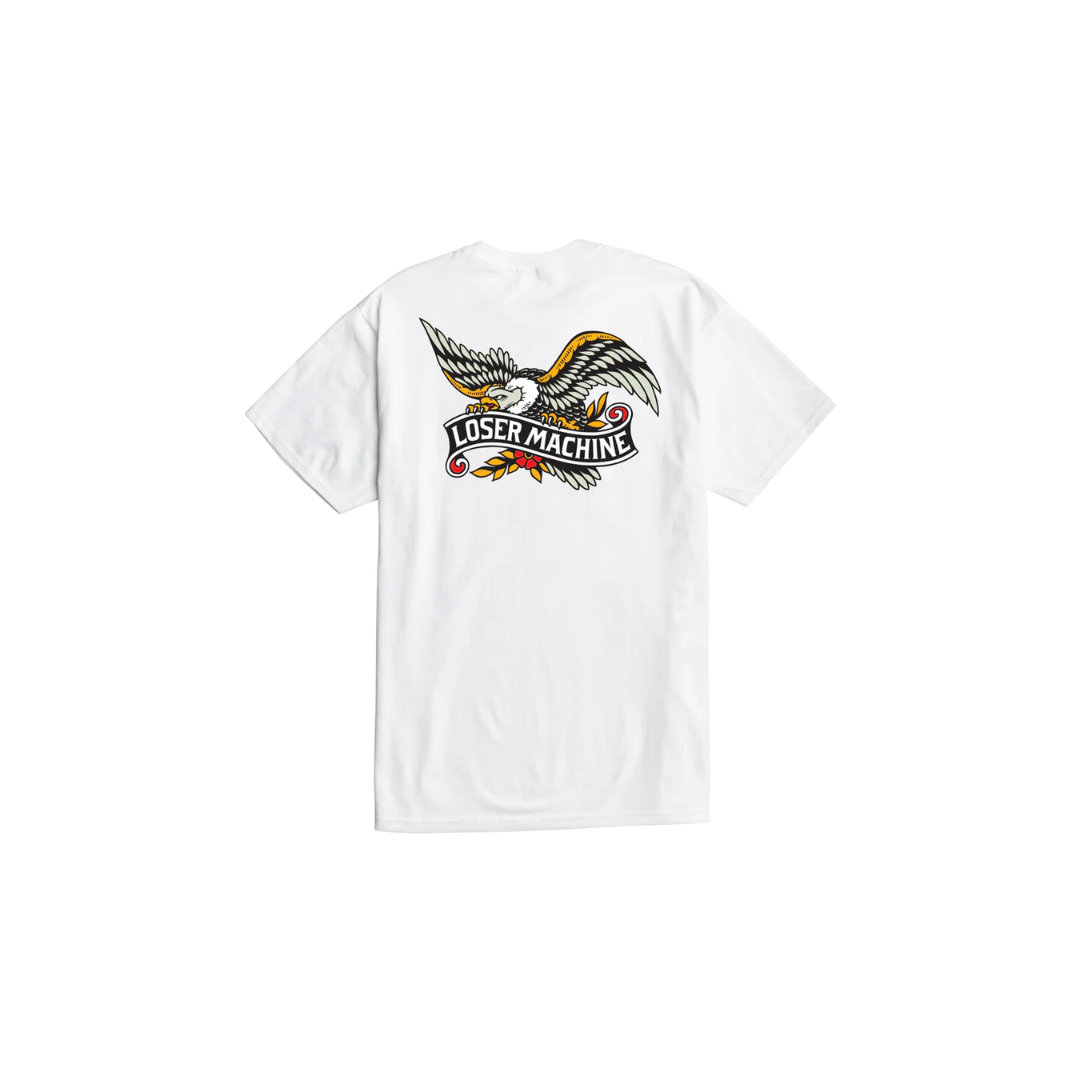 Back of Glory Bound White Tee, White with eagle and "Loser Machine" text graphic in black, gold, and red - Slowride Supply